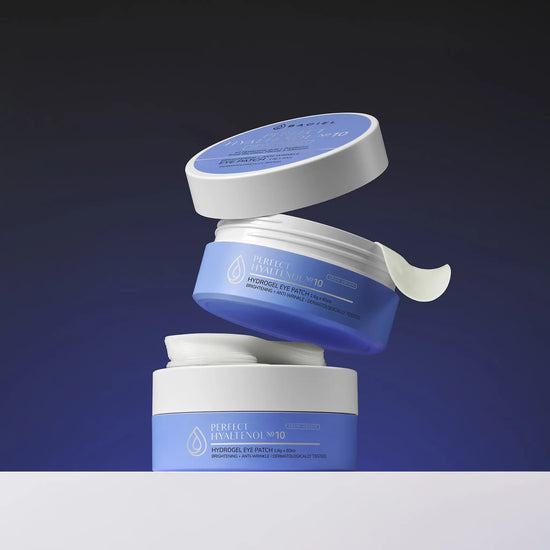 Product set of BACIEL Perfect Hyaltenol 10 Eye Patch showing multiple patches and open jar texture